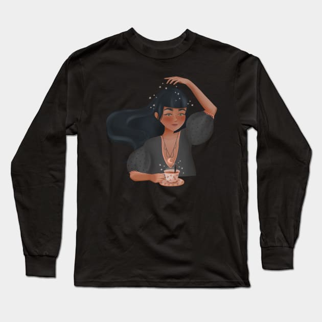 Girl character with coffee or tea and some magic Long Sleeve T-Shirt by RigaSutherland